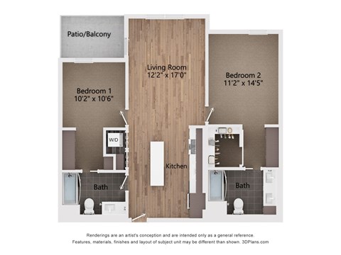 A floor plan of a home with three bedrooms and a kitchen.